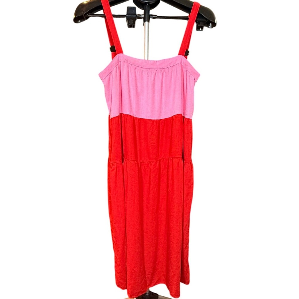 Petal + Pup Pink Red Colorblock Linen Blend Tiered Midi Dress Womens Small